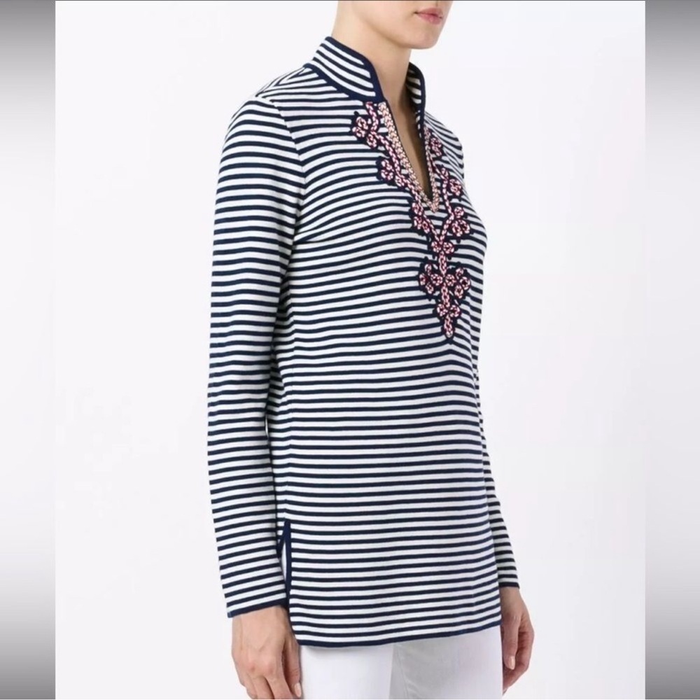 Tory Burch Katama Nautical Embellished V Neck Striped Tunic Top